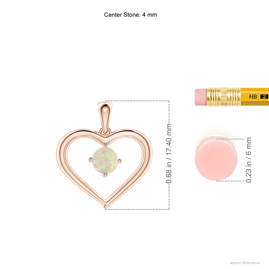 4mm AAA Solitaire Round Opal Open Heart Pendant in Rose Gold ruler