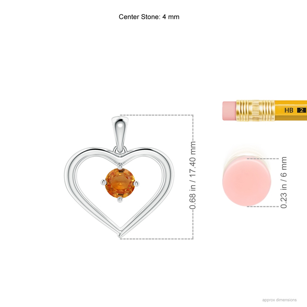 4mm AAA Solitaire Round Orange Sapphire Open Heart Pendant in White Gold Ruler