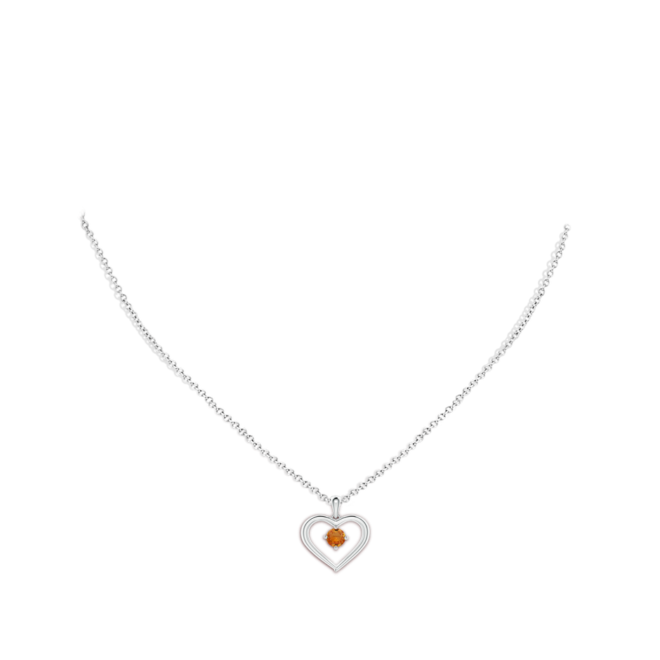 4mm AAA Solitaire Round Orange Sapphire Open Heart Pendant in White Gold body-neck