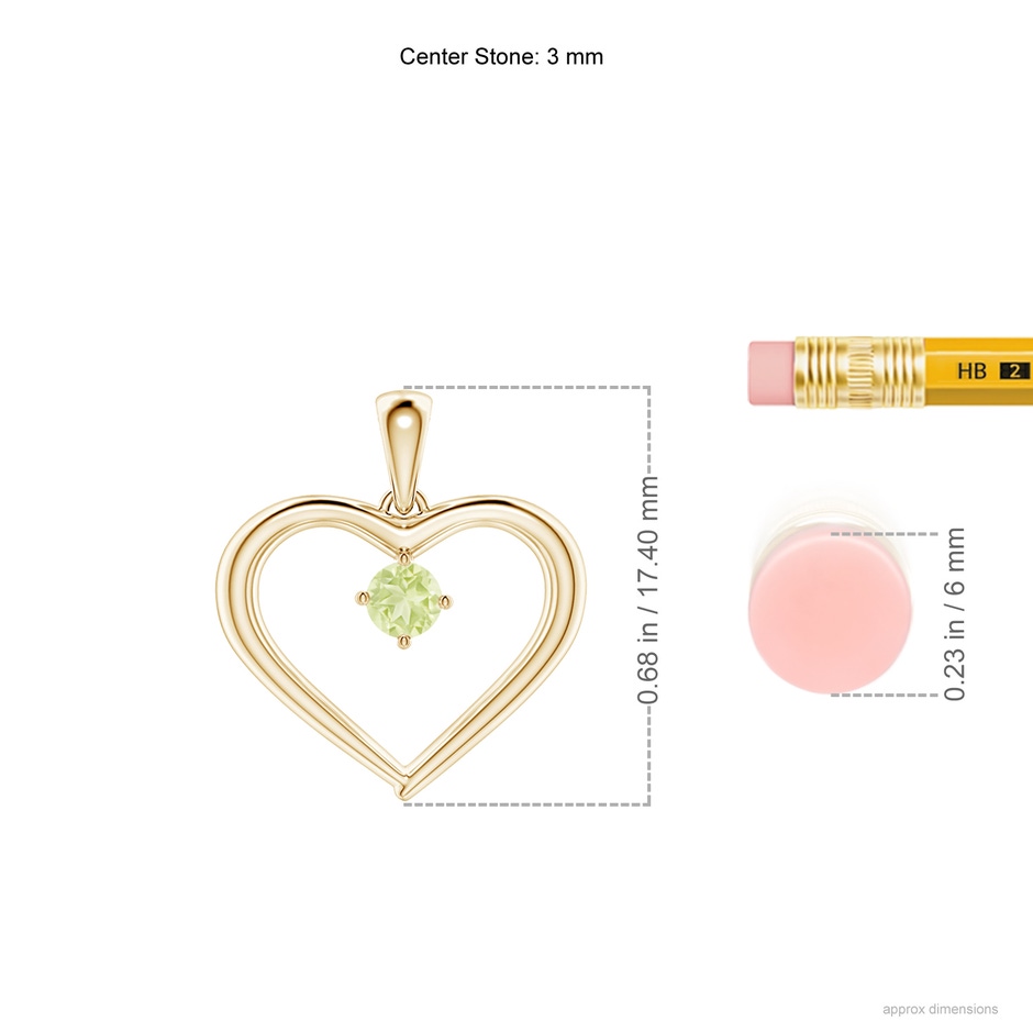3mm AA Solitaire Round Peridot Open Heart Pendant in Yellow Gold ruler