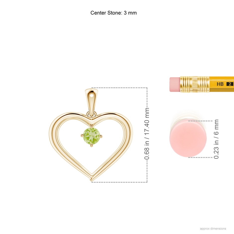 3mm AAA Solitaire Round Peridot Open Heart Pendant in Yellow Gold ruler