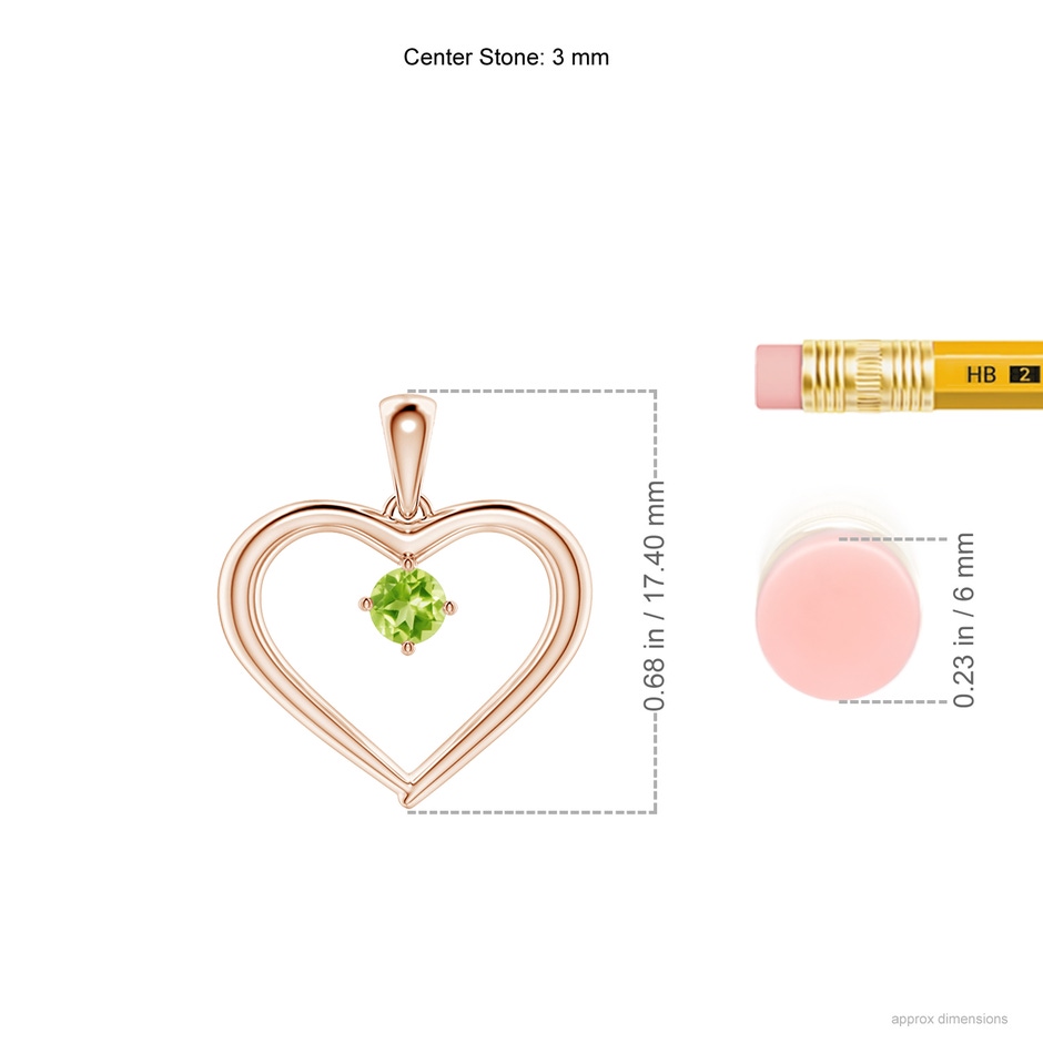 3mm AAAA Solitaire Round Peridot Open Heart Pendant in Rose Gold ruler