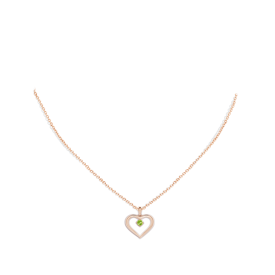 3mm AAAA Solitaire Round Peridot Open Heart Pendant in Rose Gold body-neck