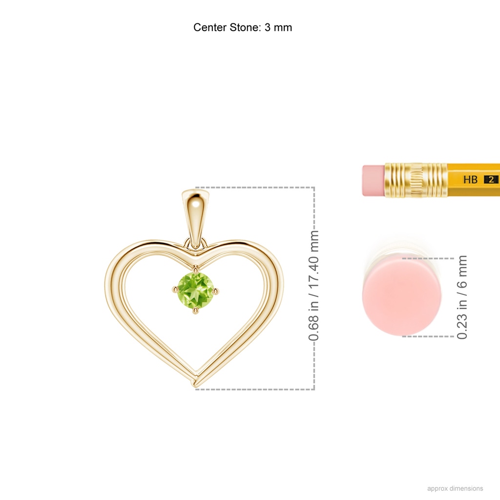 3mm AAAA Solitaire Round Peridot Open Heart Pendant in Yellow Gold Ruler