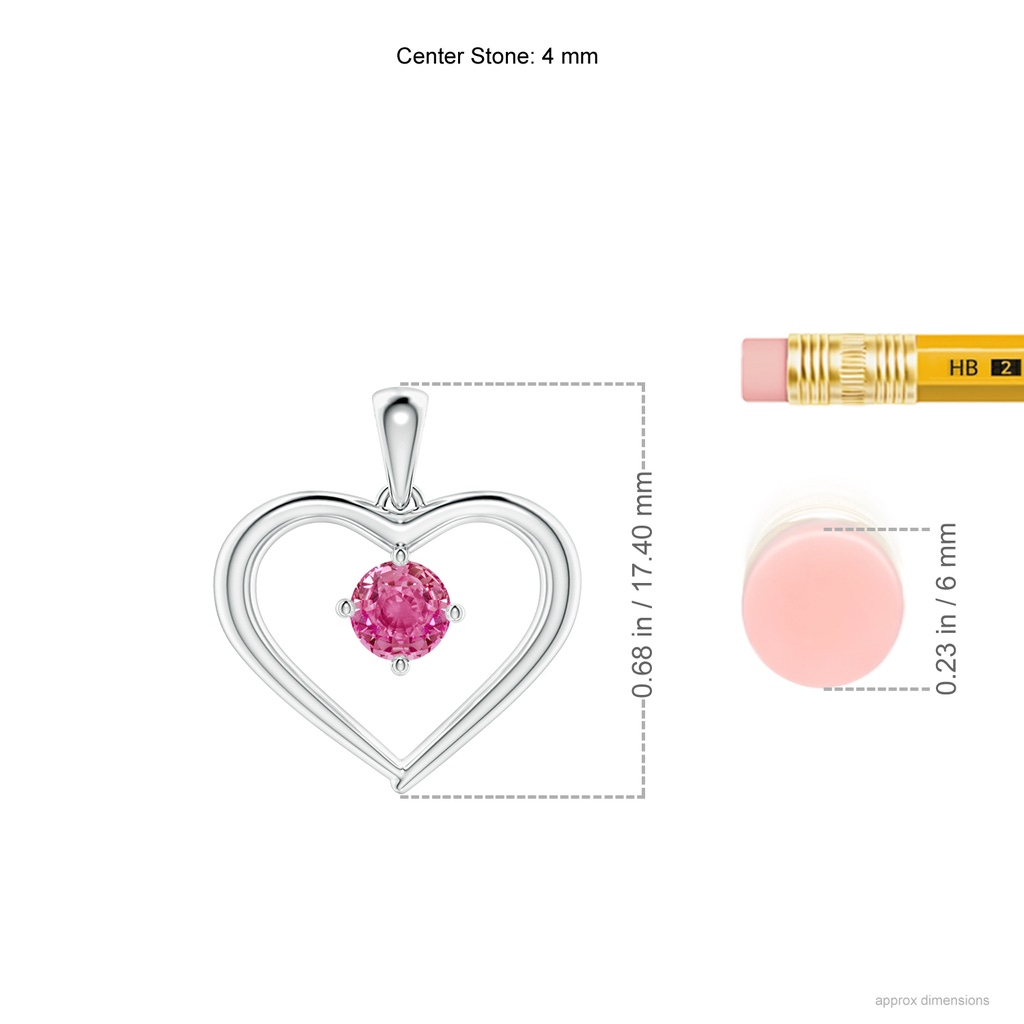 4mm AAA Solitaire Round Pink Sapphire Open Heart Pendant in White Gold Ruler