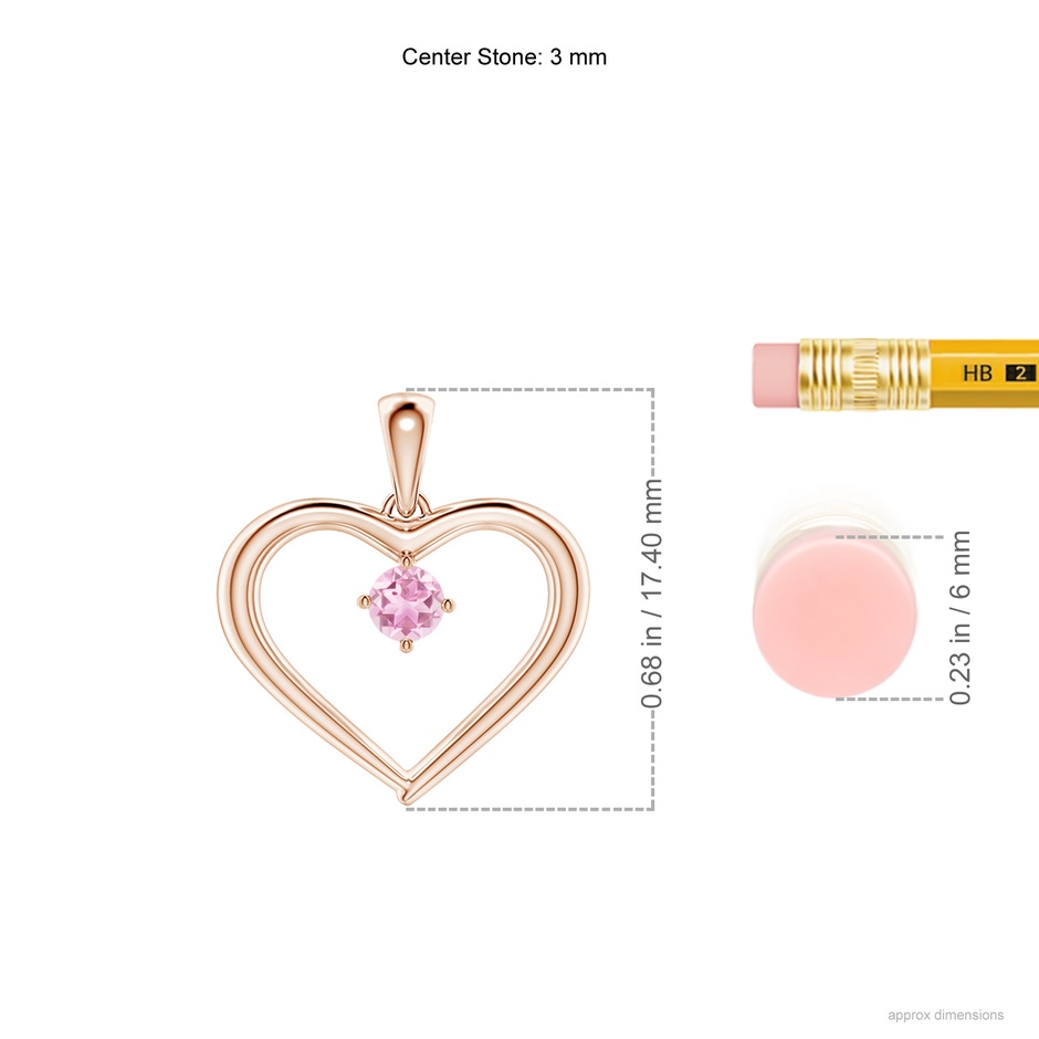 3mm A Solitaire Round Pink Tourmaline Open Heart Pendant in 9K Rose Gold ruler