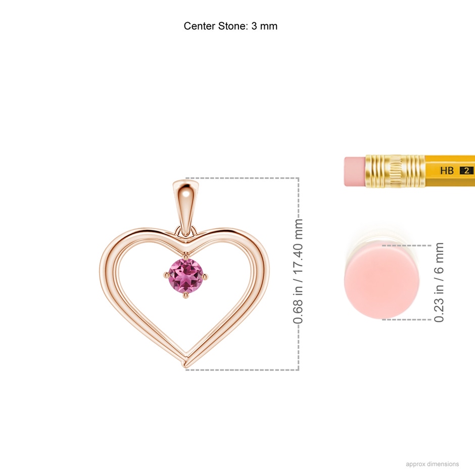 3mm AAAA Solitaire Round Pink Tourmaline Open Heart Pendant in Rose Gold ruler