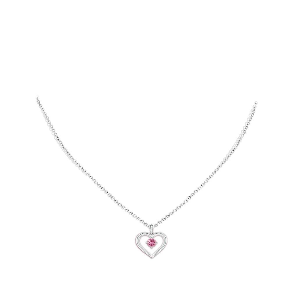 4mm AAA Solitaire Round Pink Tourmaline Open Heart Pendant in 10K White Gold Body-Neck