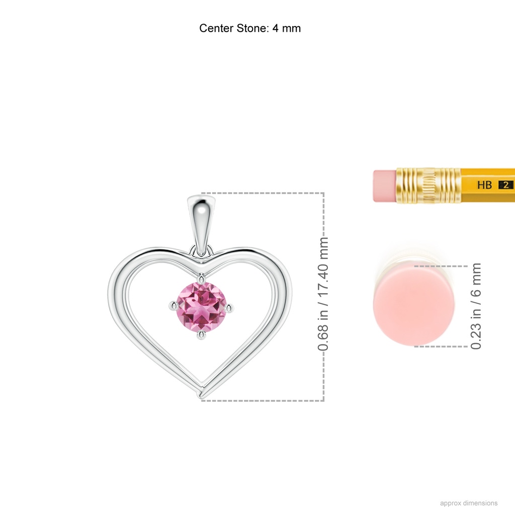4mm AAA Solitaire Round Pink Tourmaline Open Heart Pendant in White Gold Ruler