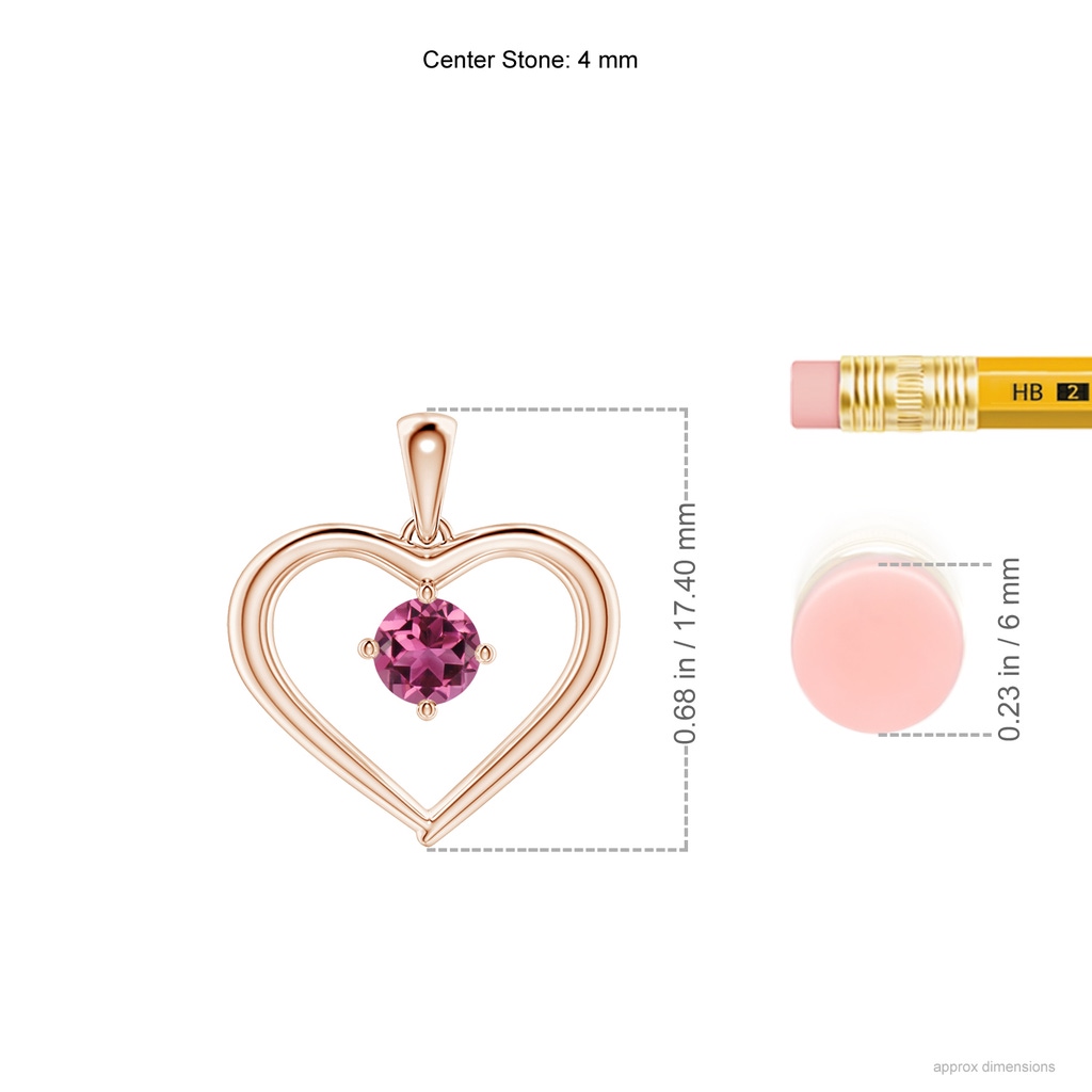 4mm AAAA Solitaire Round Pink Tourmaline Open Heart Pendant in Rose Gold Ruler