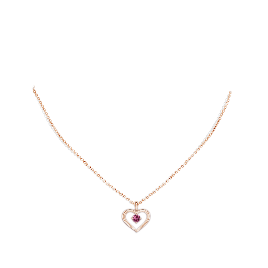 4mm AAAA Solitaire Round Pink Tourmaline Open Heart Pendant in Rose Gold body-neck