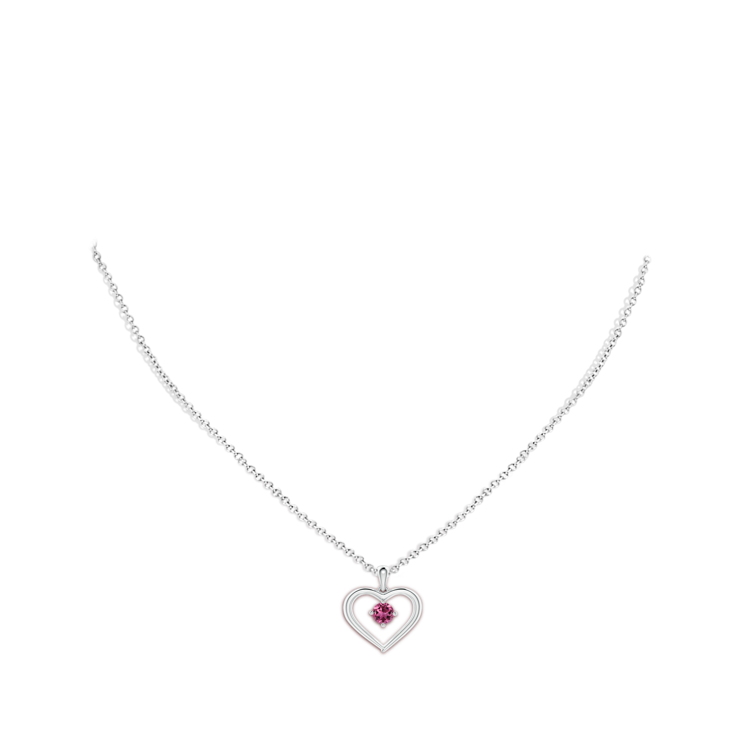 4mm AAAA Solitaire Round Pink Tourmaline Open Heart Pendant in White Gold - body_neck
