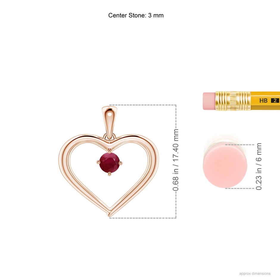 3mm A Solitaire Round Ruby Open Heart Pendant in Rose Gold ruler