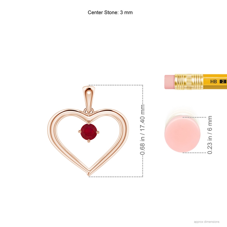 3mm AA Solitaire Round Ruby Open Heart Pendant in Rose Gold ruler