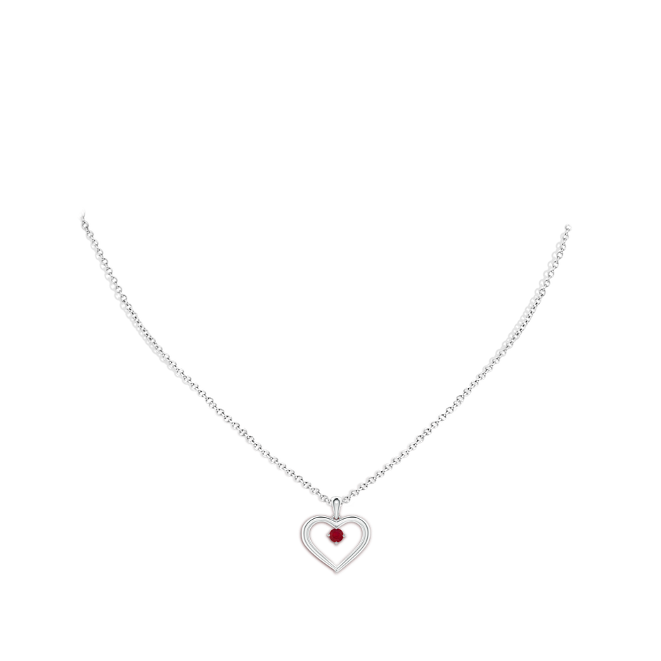 3mm AA Solitaire Round Ruby Open Heart Pendant in White Gold body-neck