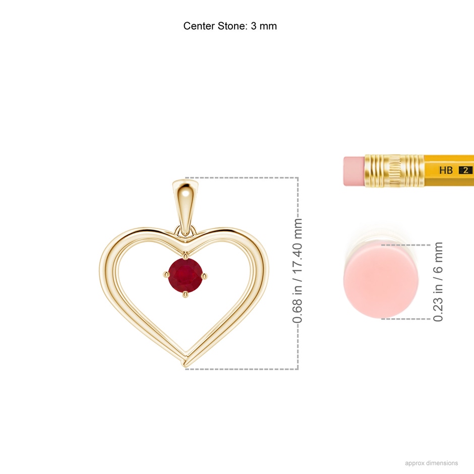 3mm AA Solitaire Round Ruby Open Heart Pendant in Yellow Gold ruler
