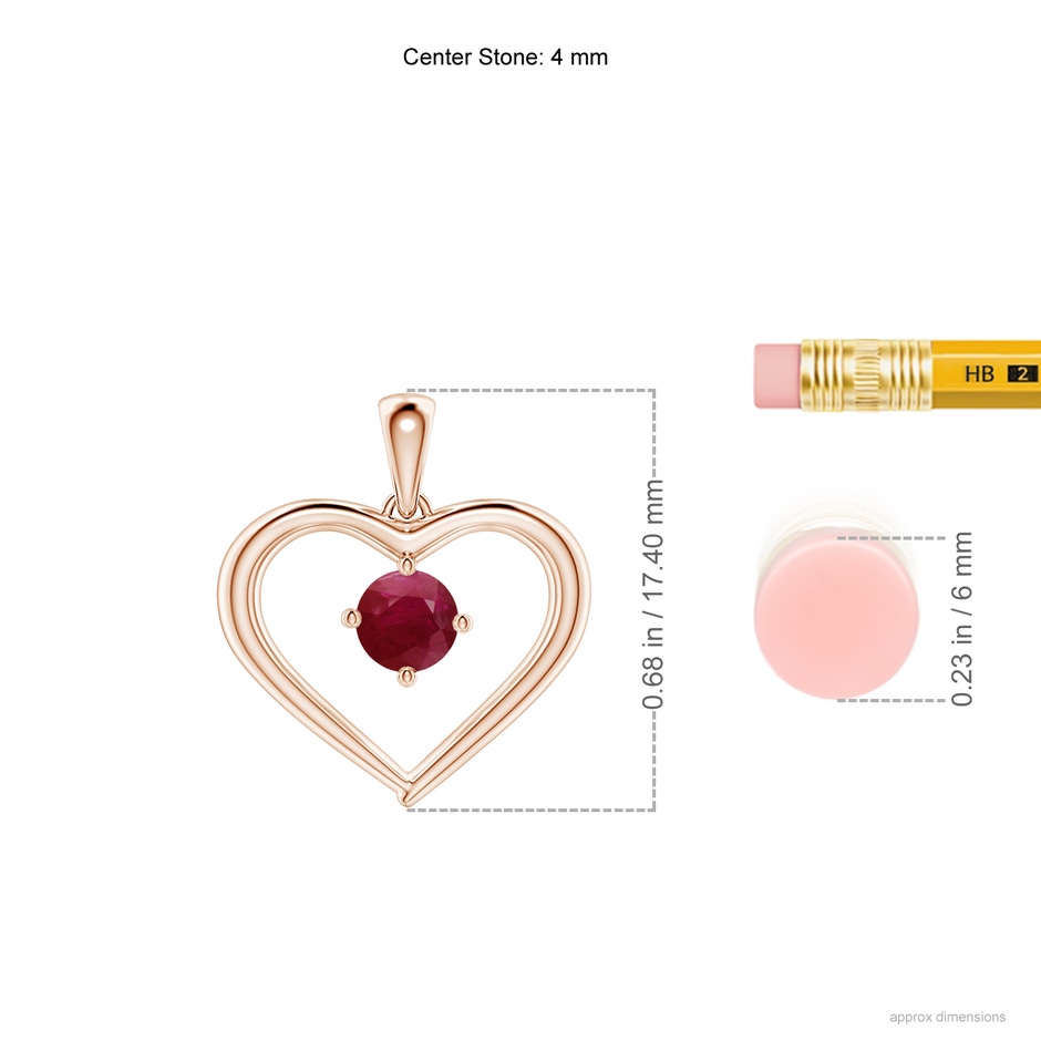 4mm A Solitaire Round Ruby Open Heart Pendant in Rose Gold ruler