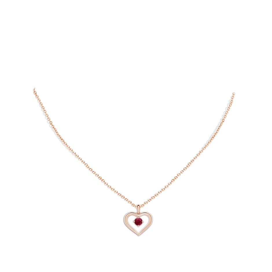4mm A Solitaire Round Ruby Open Heart Pendant in Rose Gold body-neck