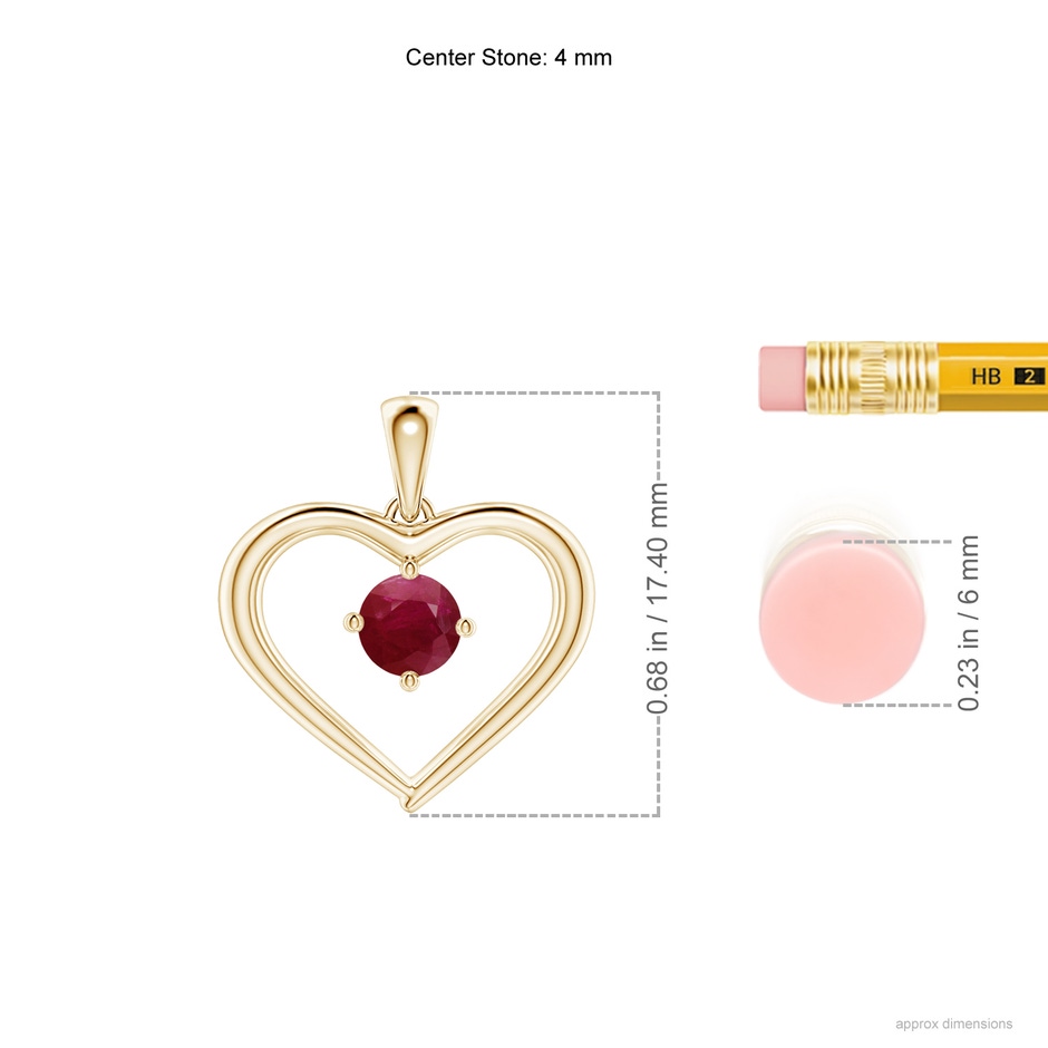 4mm A Solitaire Round Ruby Open Heart Pendant in Yellow Gold ruler