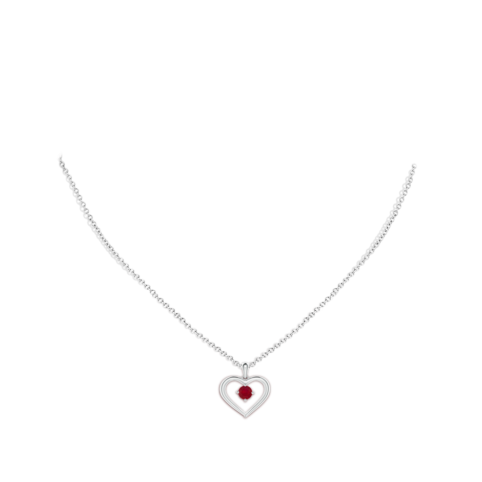 4mm AA Solitaire Round Ruby Open Heart Pendant in White Gold body-neck