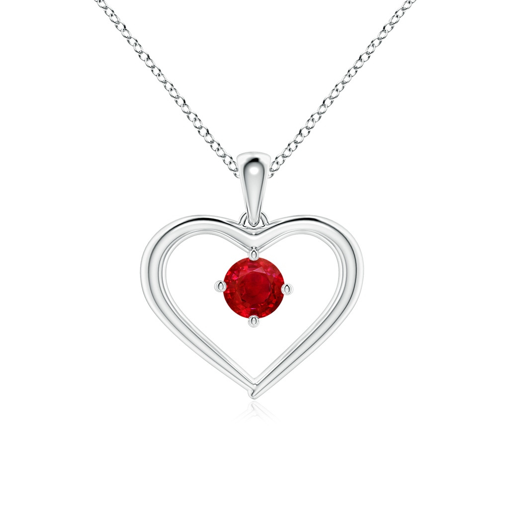 4mm AAA Solitaire Round Ruby Open Heart Pendant in White Gold