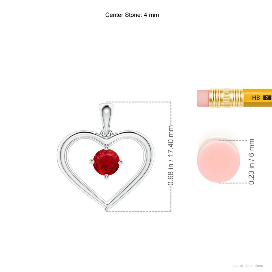 4mm AAA Solitaire Round Ruby Open Heart Pendant in White Gold ruler