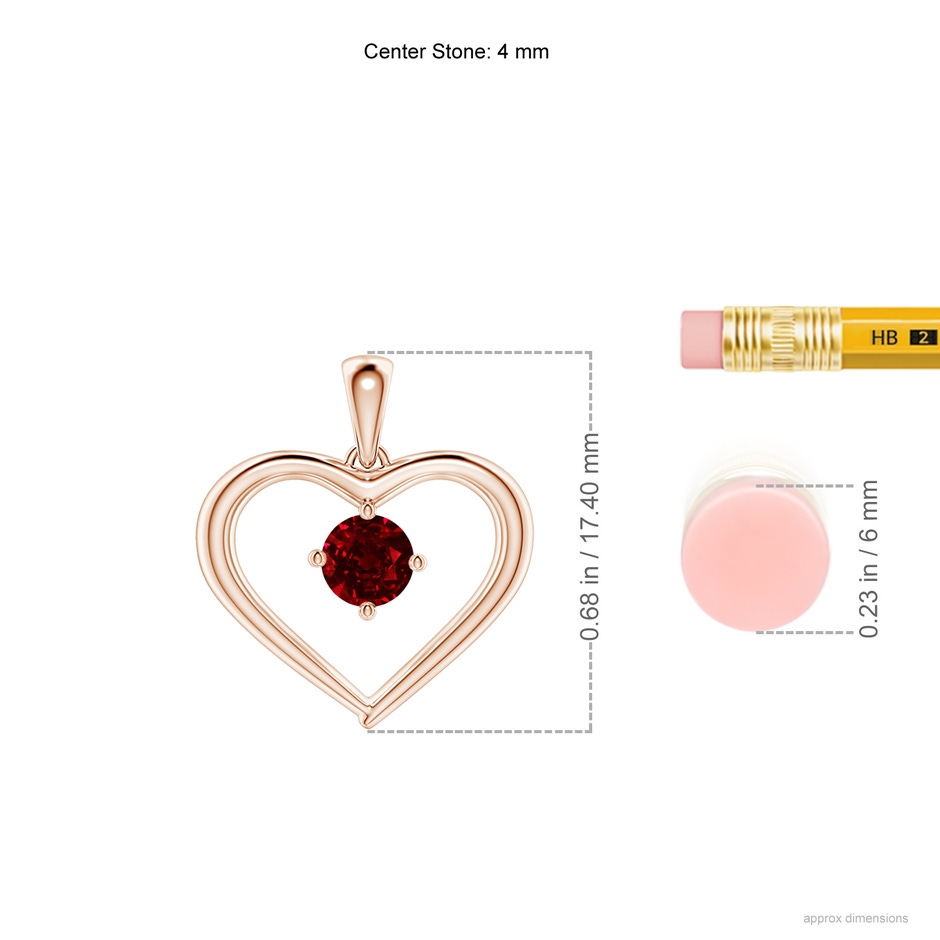 4mm AAAA Solitaire Round Ruby Open Heart Pendant in Rose Gold ruler