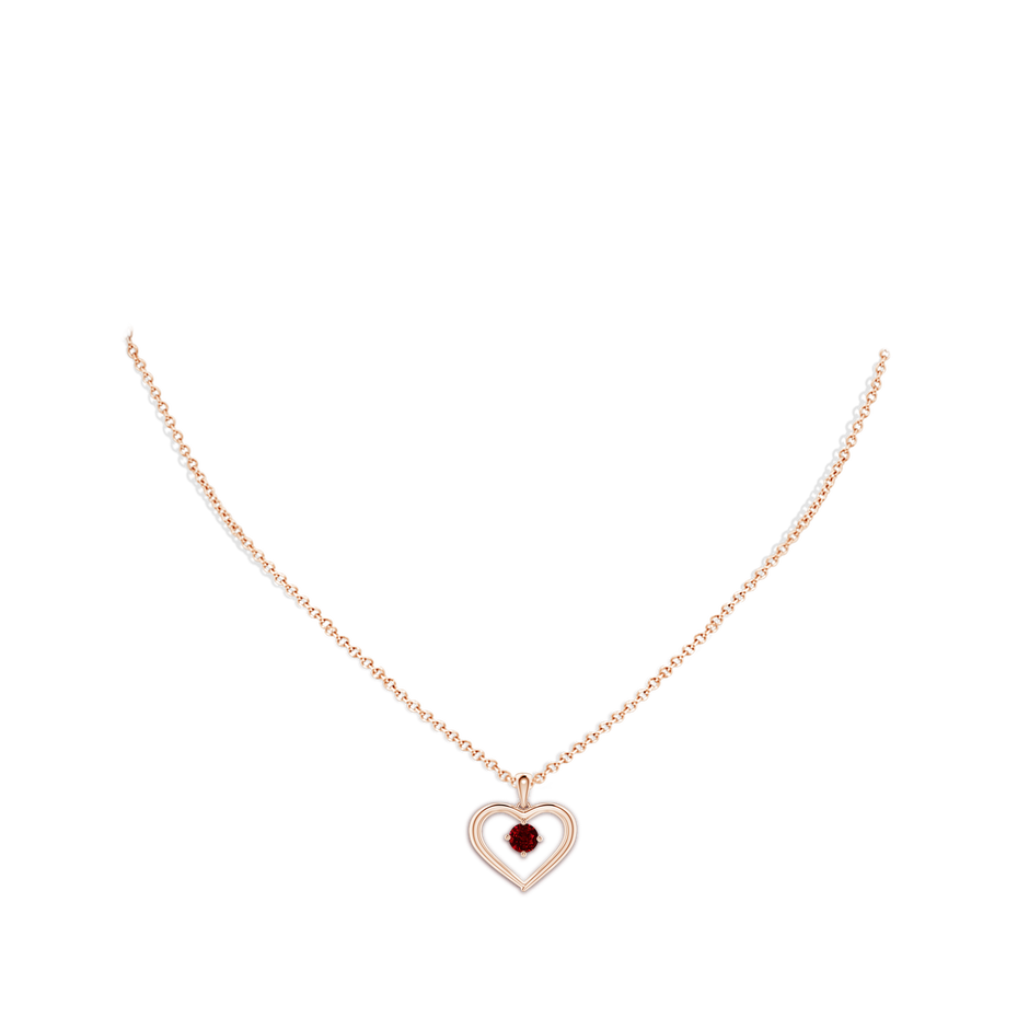 4mm AAAA Solitaire Round Ruby Open Heart Pendant in Rose Gold body-neck
