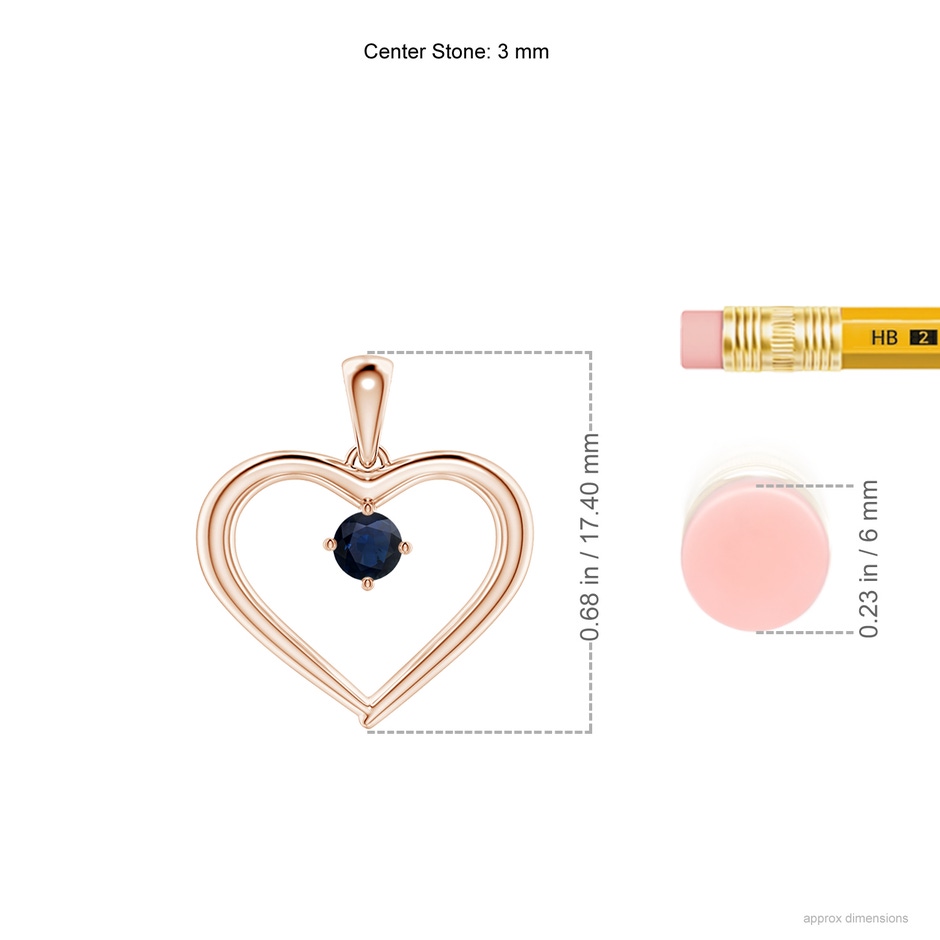 3mm A Solitaire Round Sapphire Open Heart Pendant in Rose Gold ruler