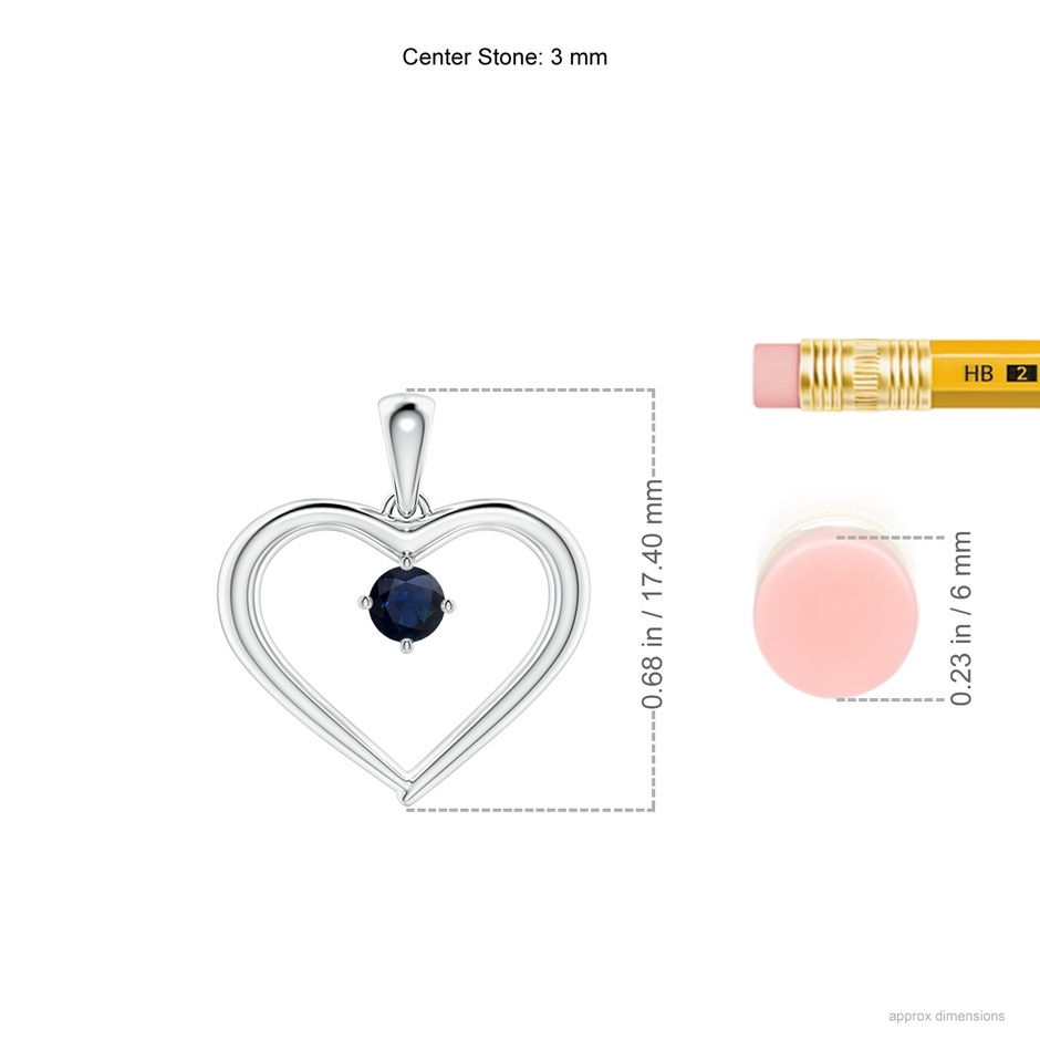 3mm A Solitaire Round Sapphire Open Heart Pendant in White Gold ruler