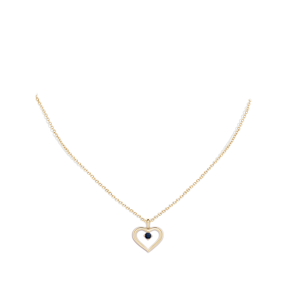 3mm A Solitaire Round Sapphire Open Heart Pendant in Yellow Gold body-neck
