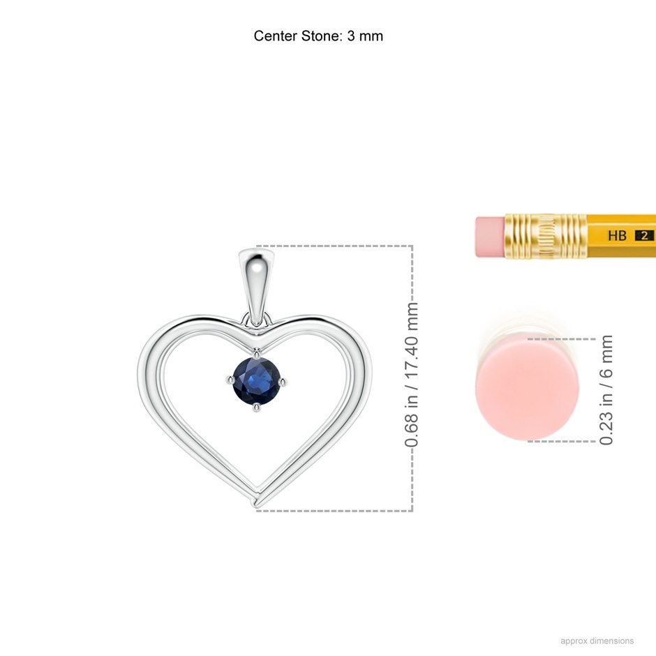 3mm AA Solitaire Round Sapphire Open Heart Pendant in White Gold ruler
