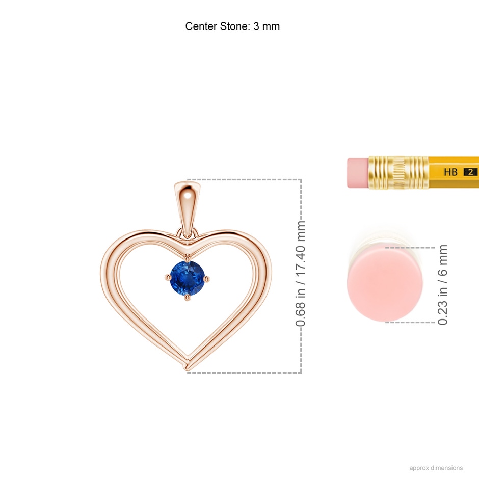 3mm AAA Solitaire Round Sapphire Open Heart Pendant in Rose Gold ruler