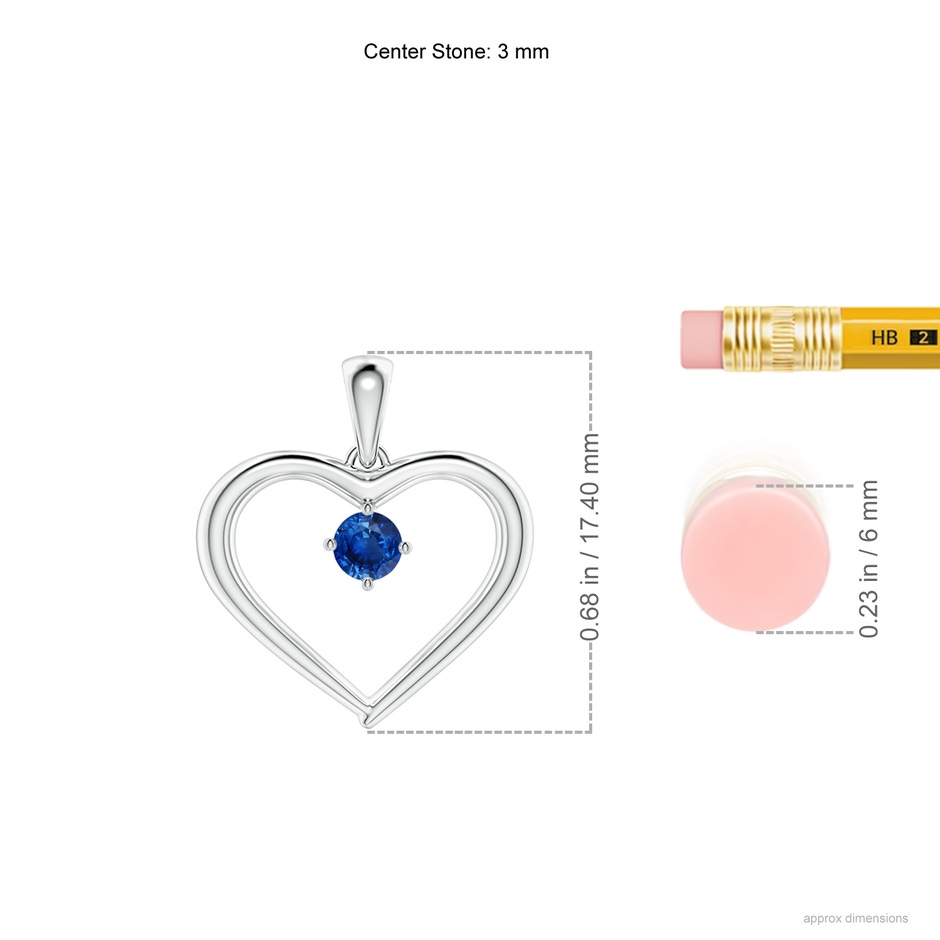 3mm AAA Solitaire Round Sapphire Open Heart Pendant in White Gold ruler