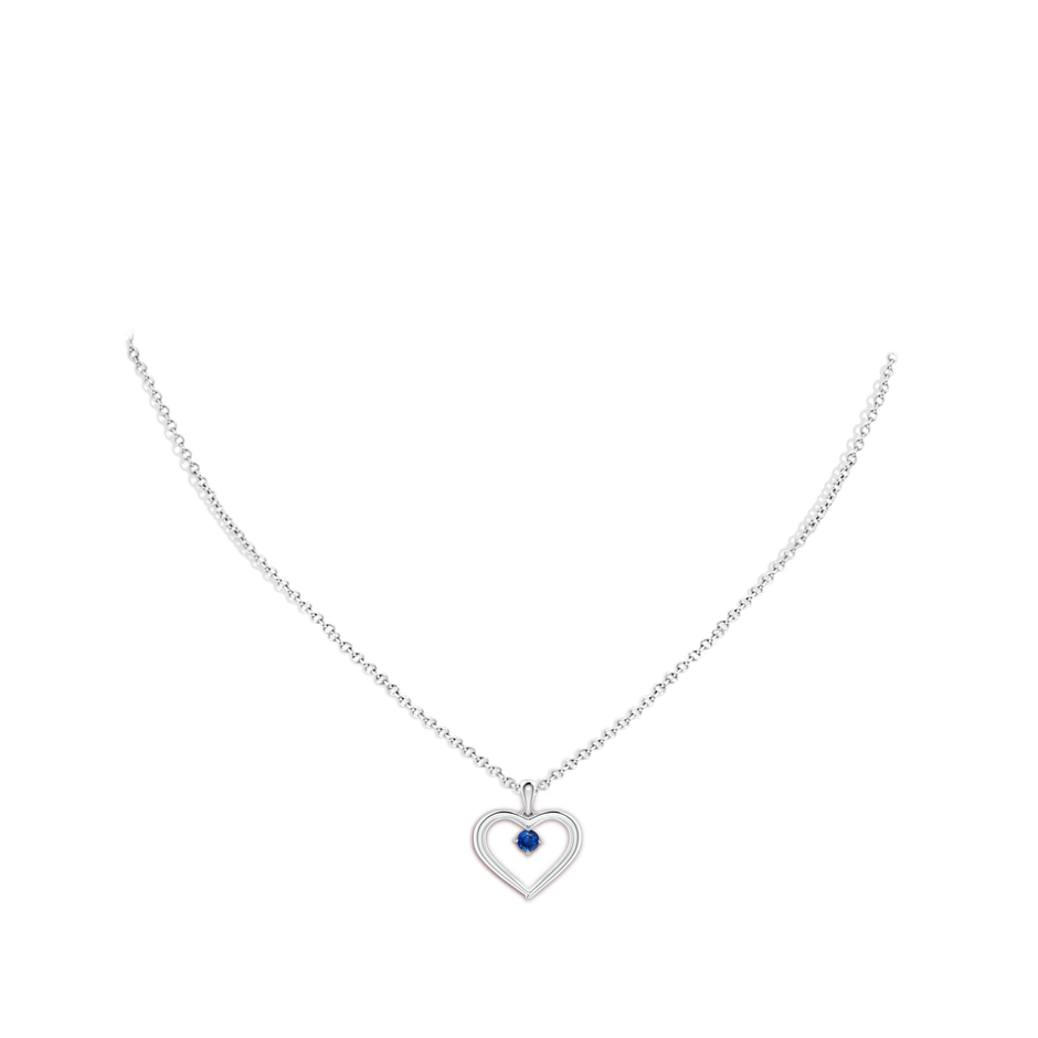 3mm AAA Solitaire Round Sapphire Open Heart Pendant in White Gold body-neck