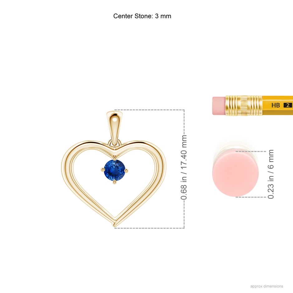 3mm AAA Solitaire Round Sapphire Open Heart Pendant in Yellow Gold ruler