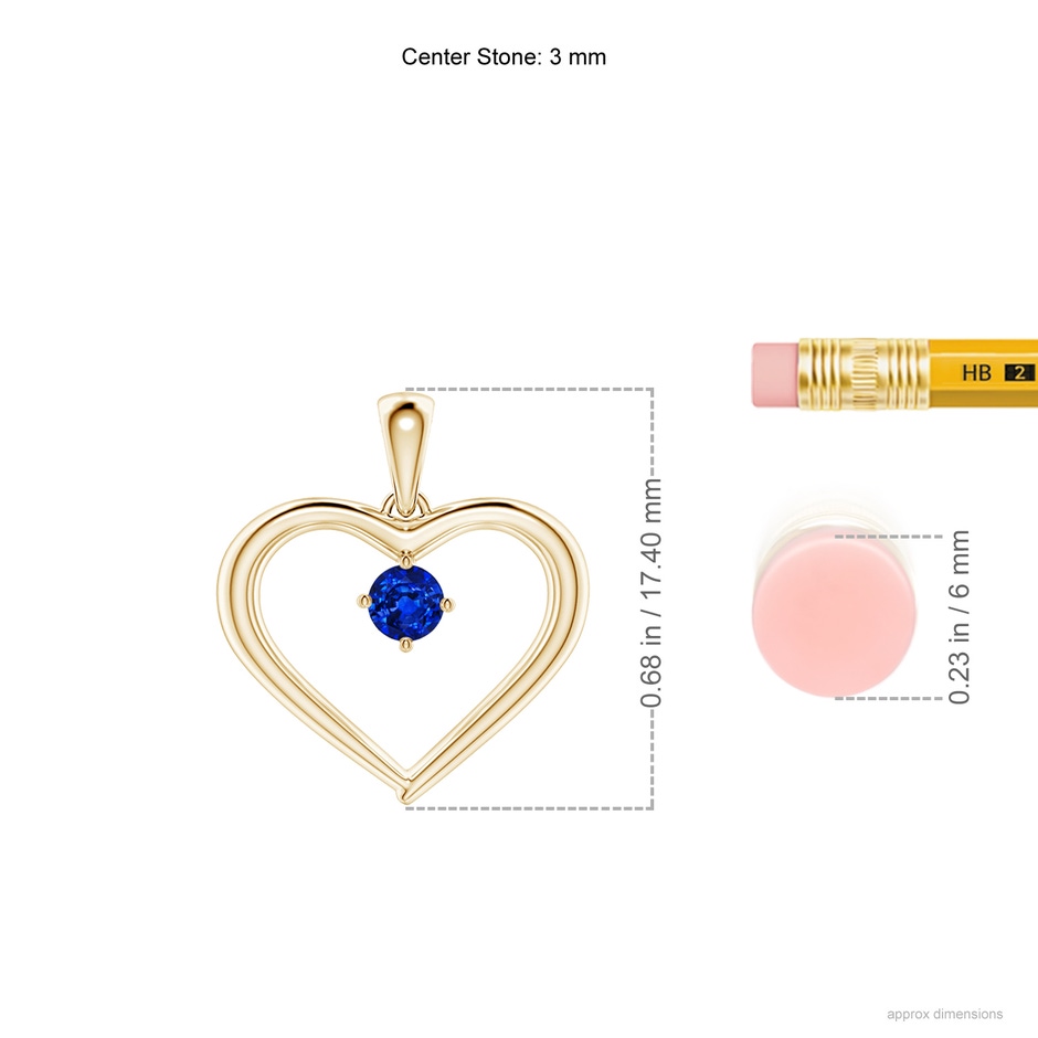 3mm AAAA Solitaire Round Sapphire Open Heart Pendant in Yellow Gold ruler