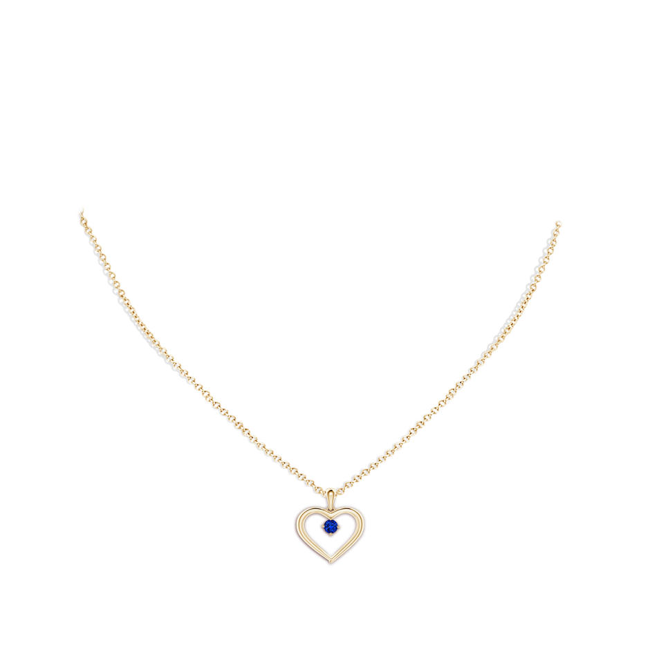 3mm AAAA Solitaire Round Sapphire Open Heart Pendant in Yellow Gold body-neck