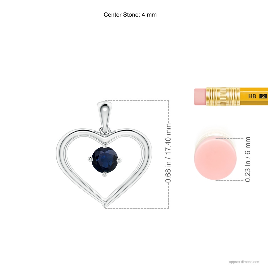 4mm A Solitaire Round Sapphire Open Heart Pendant in White Gold ruler