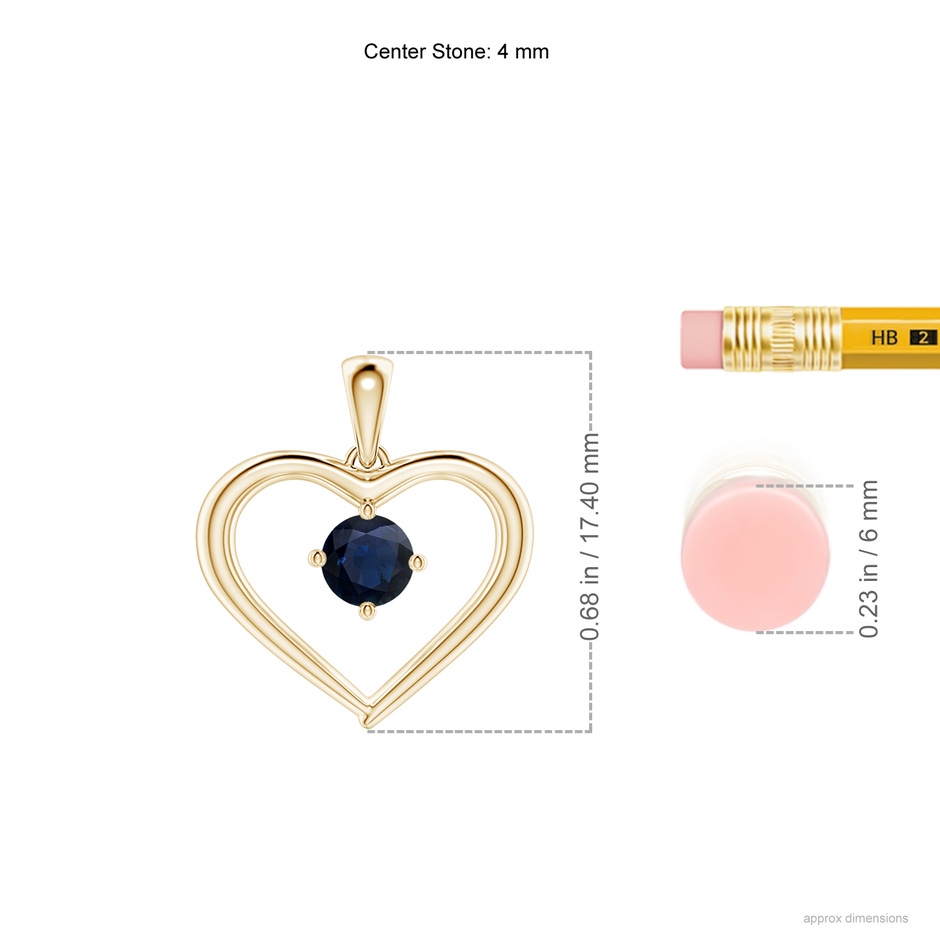 4mm A Solitaire Round Sapphire Open Heart Pendant in Yellow Gold ruler