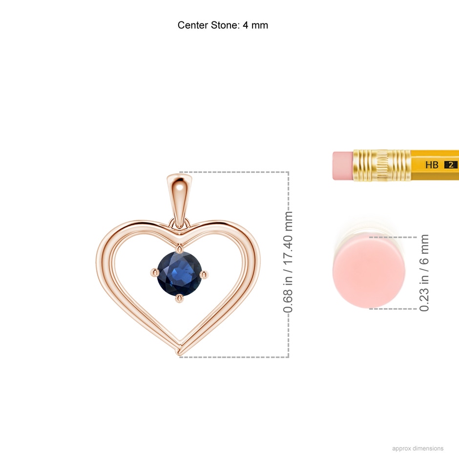 4mm AA Solitaire Round Sapphire Open Heart Pendant in Rose Gold ruler