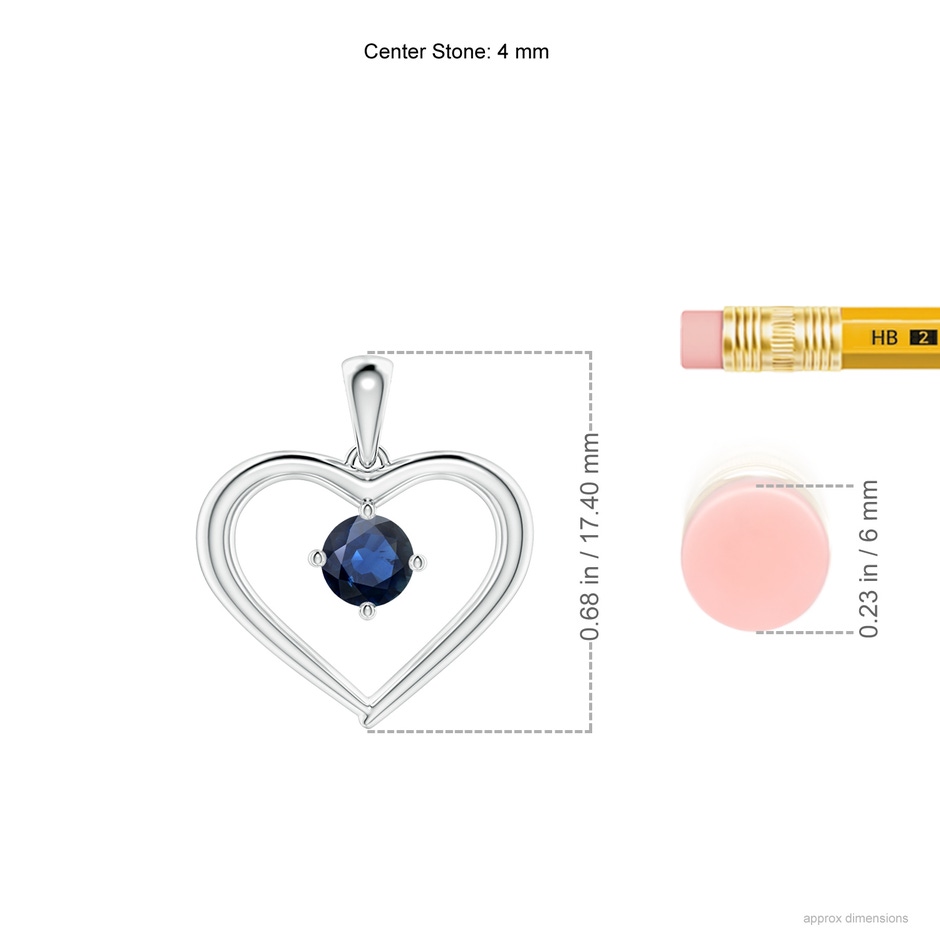 4mm AA Solitaire Round Sapphire Open Heart Pendant in White Gold ruler