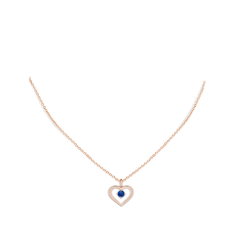 4mm AAA Solitaire Round Sapphire Open Heart Pendant in Rose Gold body-neck