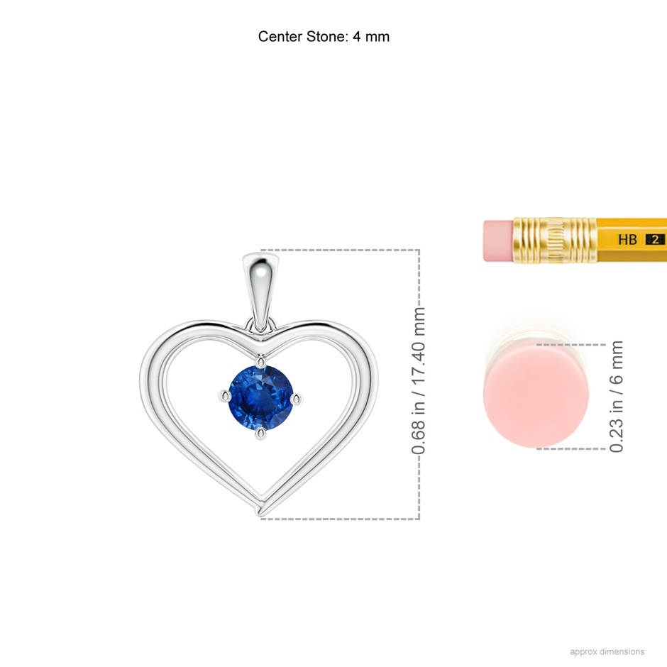 4mm AAA Solitaire Round Sapphire Open Heart Pendant in White Gold ruler