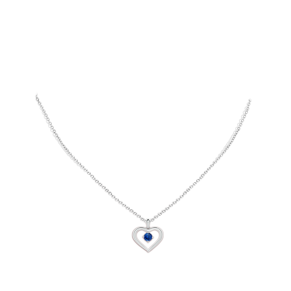4mm AAA Solitaire Round Sapphire Open Heart Pendant in White Gold body-neck