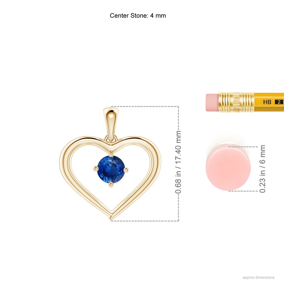 4mm AAA Solitaire Round Sapphire Open Heart Pendant in Yellow Gold ruler