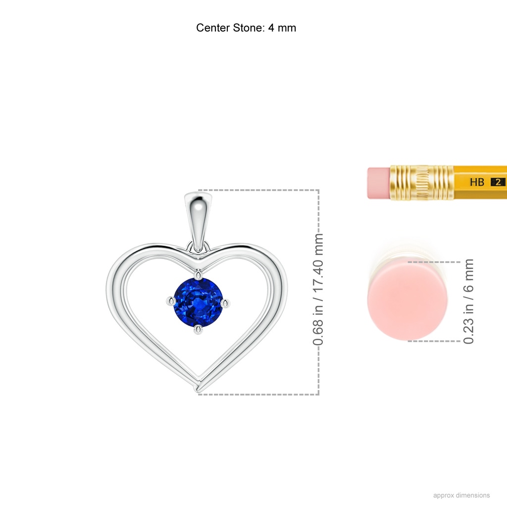 4mm AAAA Solitaire Round Sapphire Open Heart Pendant in White Gold Ruler