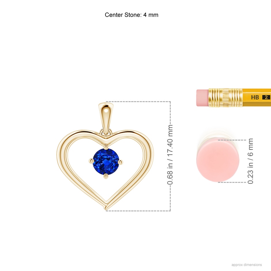 4mm AAAA Solitaire Round Sapphire Open Heart Pendant in Yellow Gold ruler