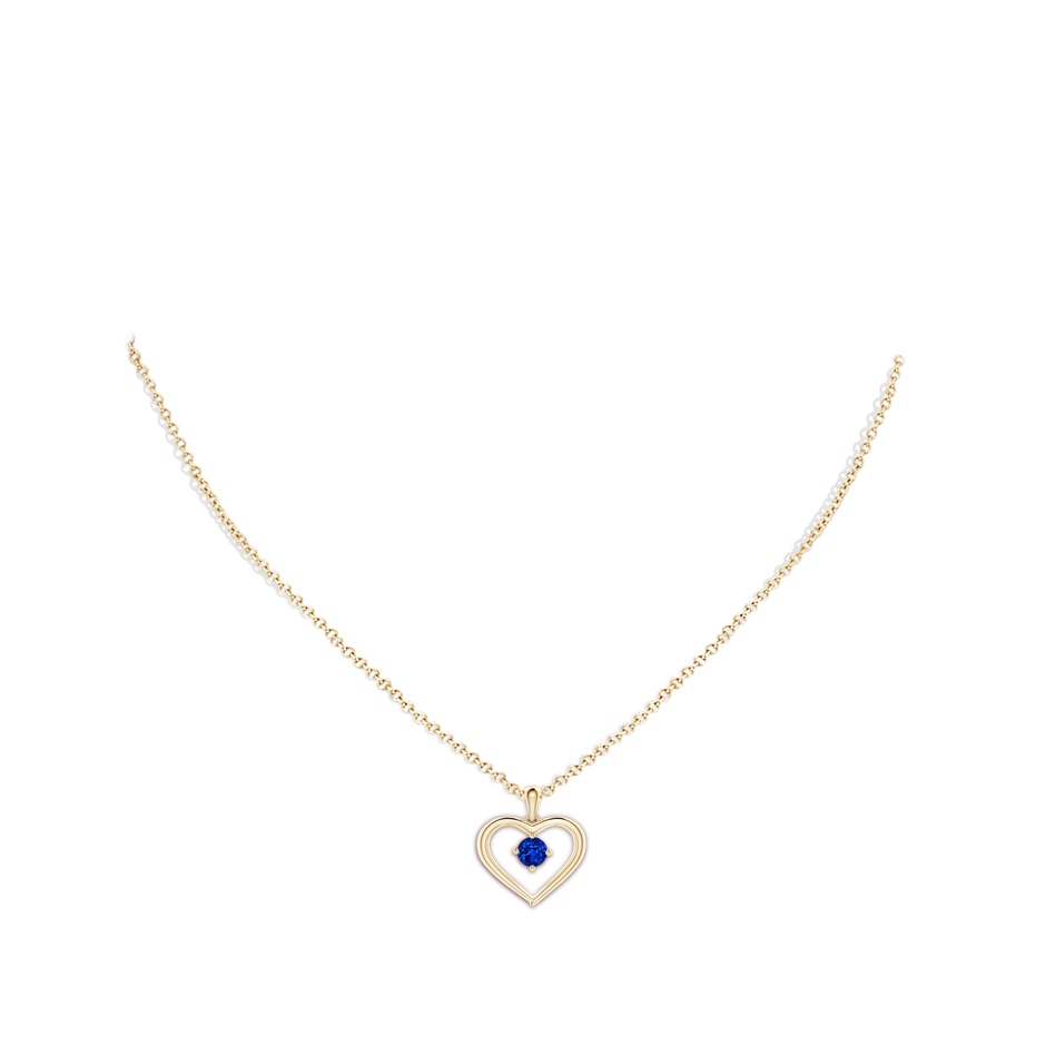 4mm AAAA Solitaire Round Sapphire Open Heart Pendant in Yellow Gold body-neck