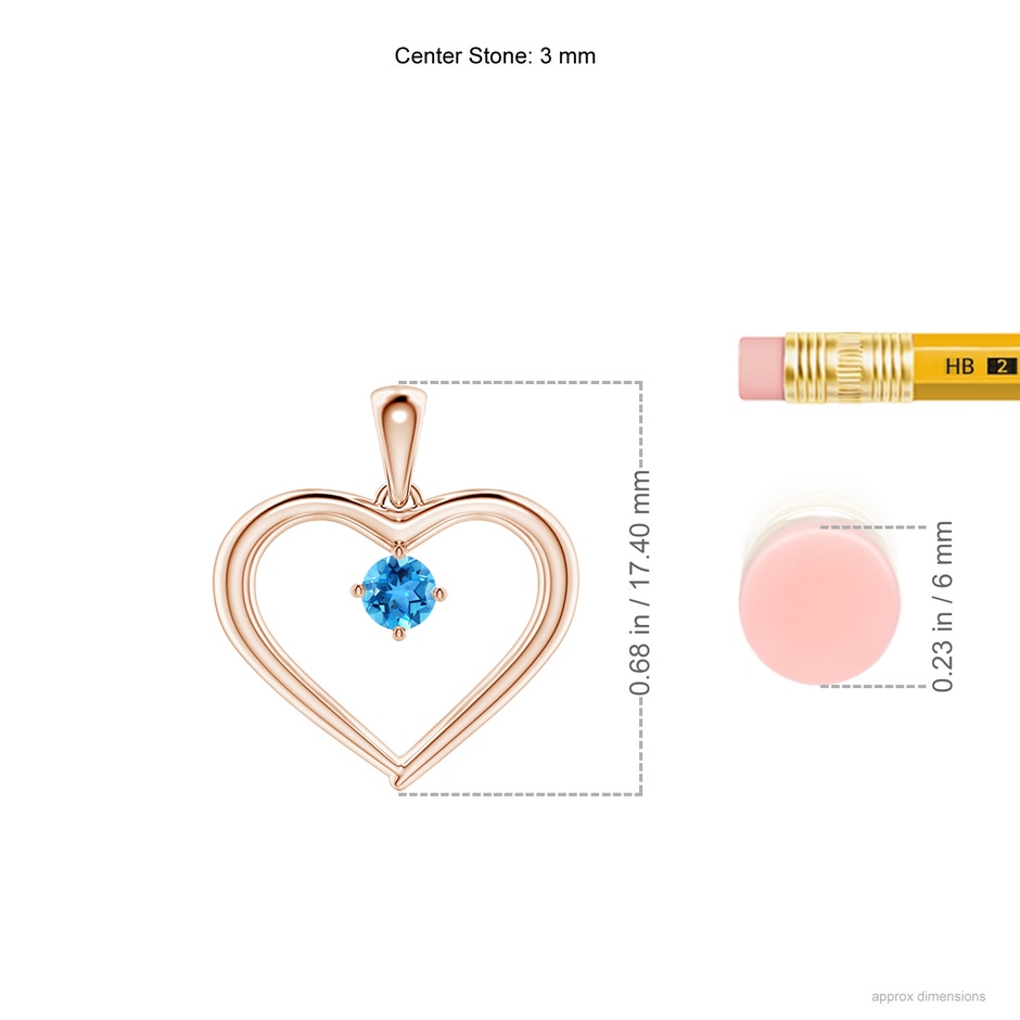 3mm AAA Solitaire Round Swiss Blue Topaz Open Heart Pendant in Rose Gold ruler
